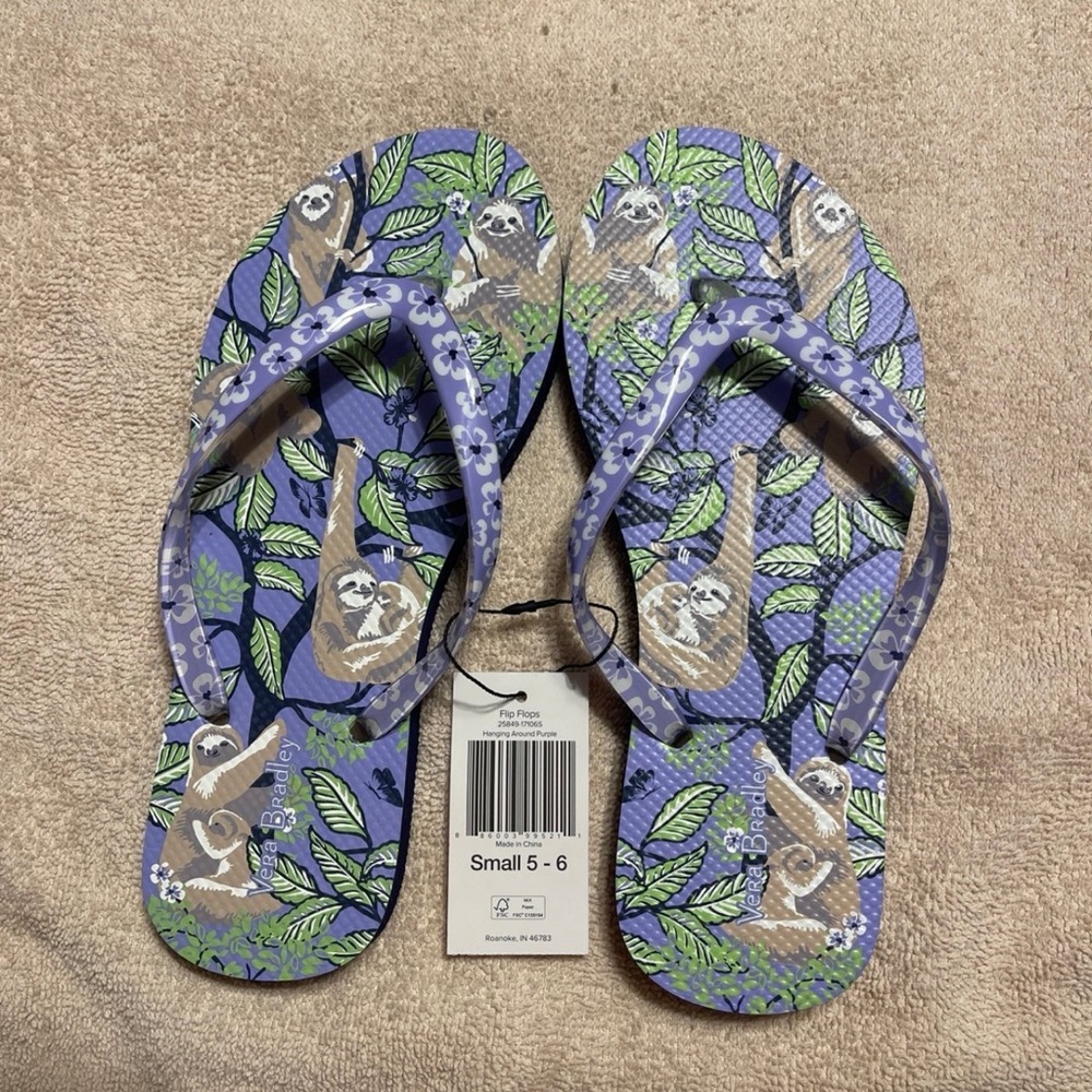NWT Vera Bradley Size 5-6 Hanging Around Purple flip flops Sloth Flip Flops